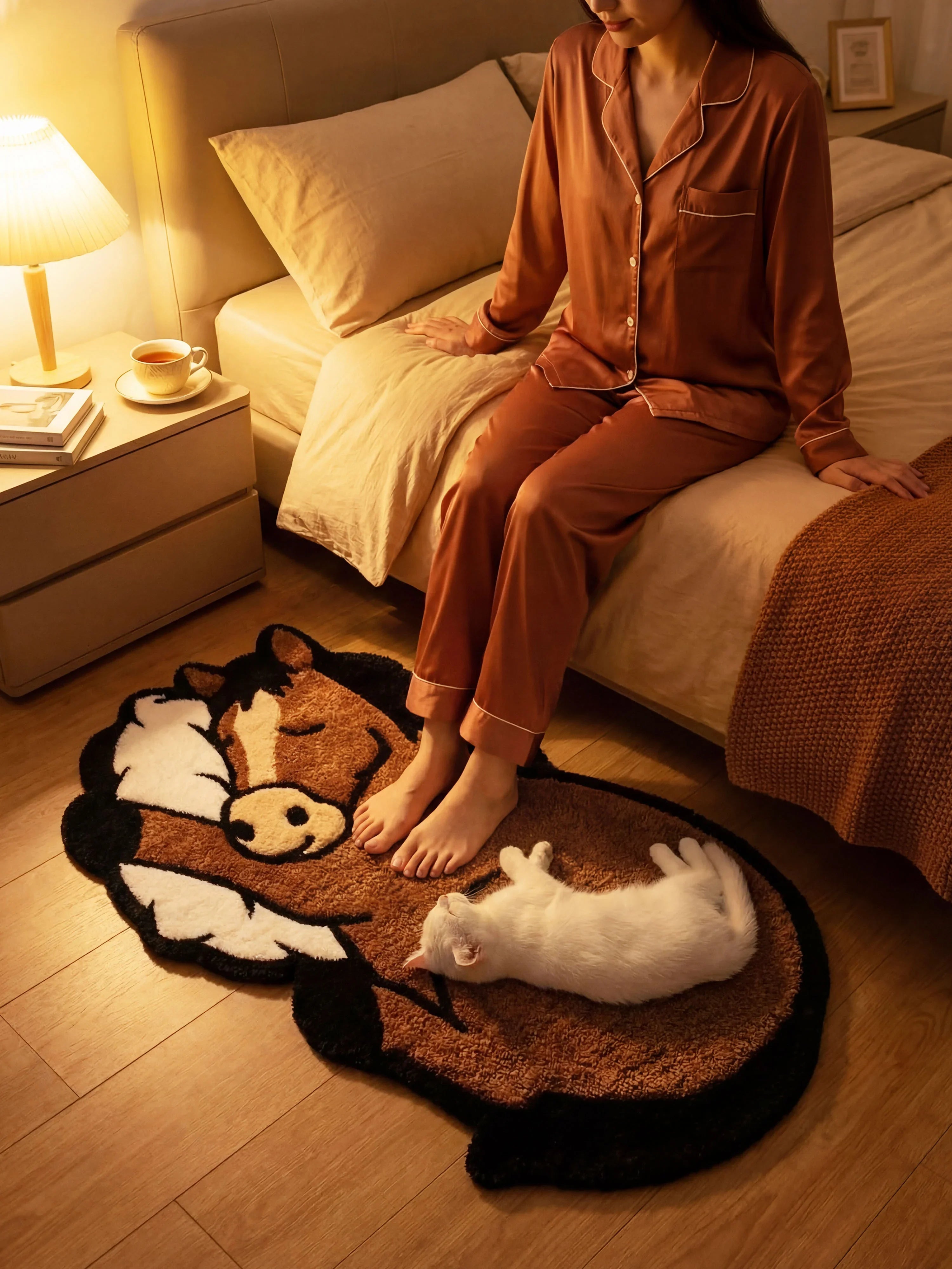 OFF SCRIPT Sleep Right Neigh hand-tufted horse bedside rug on wooden floor with woman in silk pajamas and sleeping cat on the rug