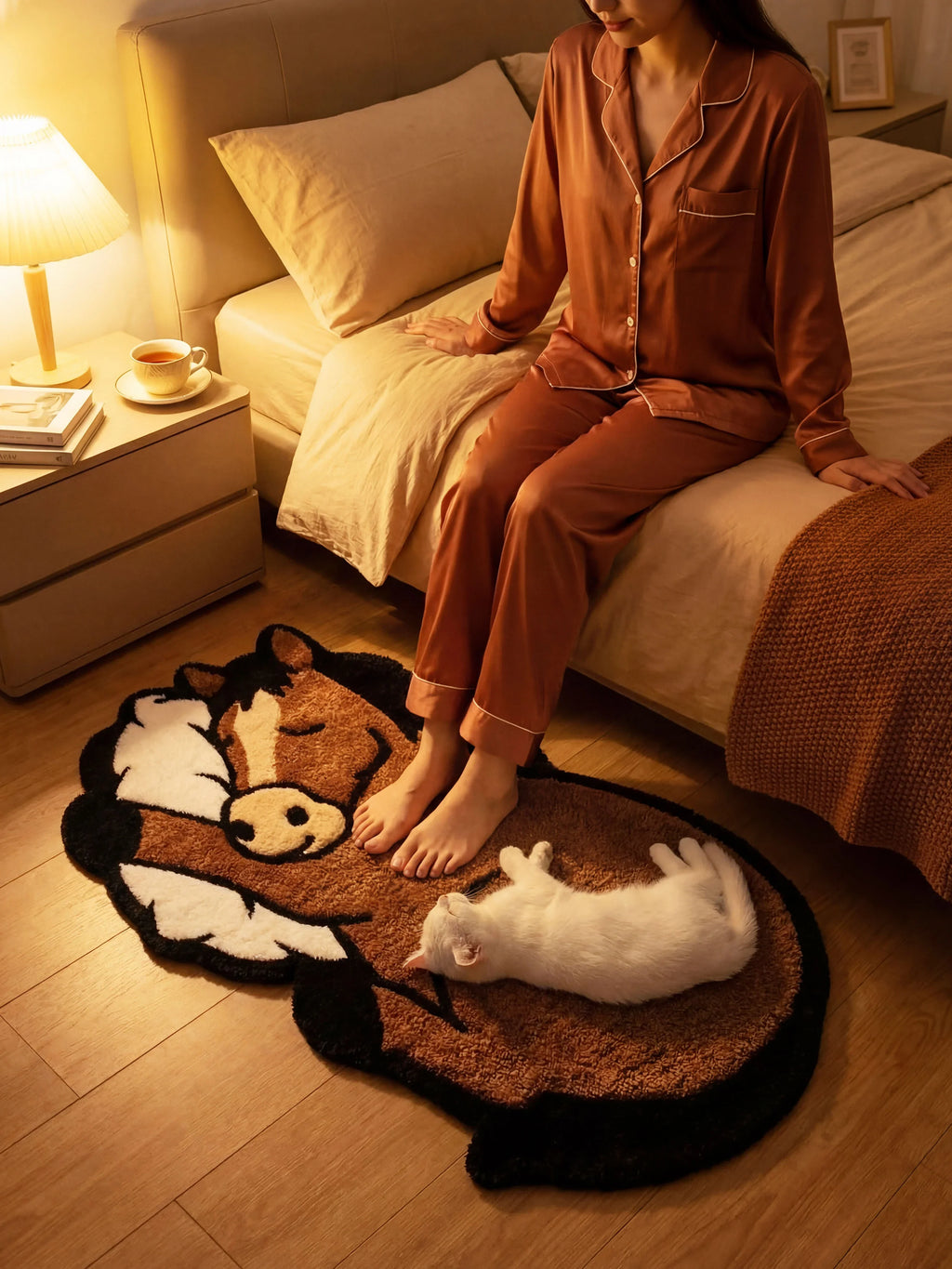 OFF SCRIPT Sleep Right Neigh hand-tufted horse bedside rug on wooden floor with woman in silk pajamas and sleeping cat on the rug