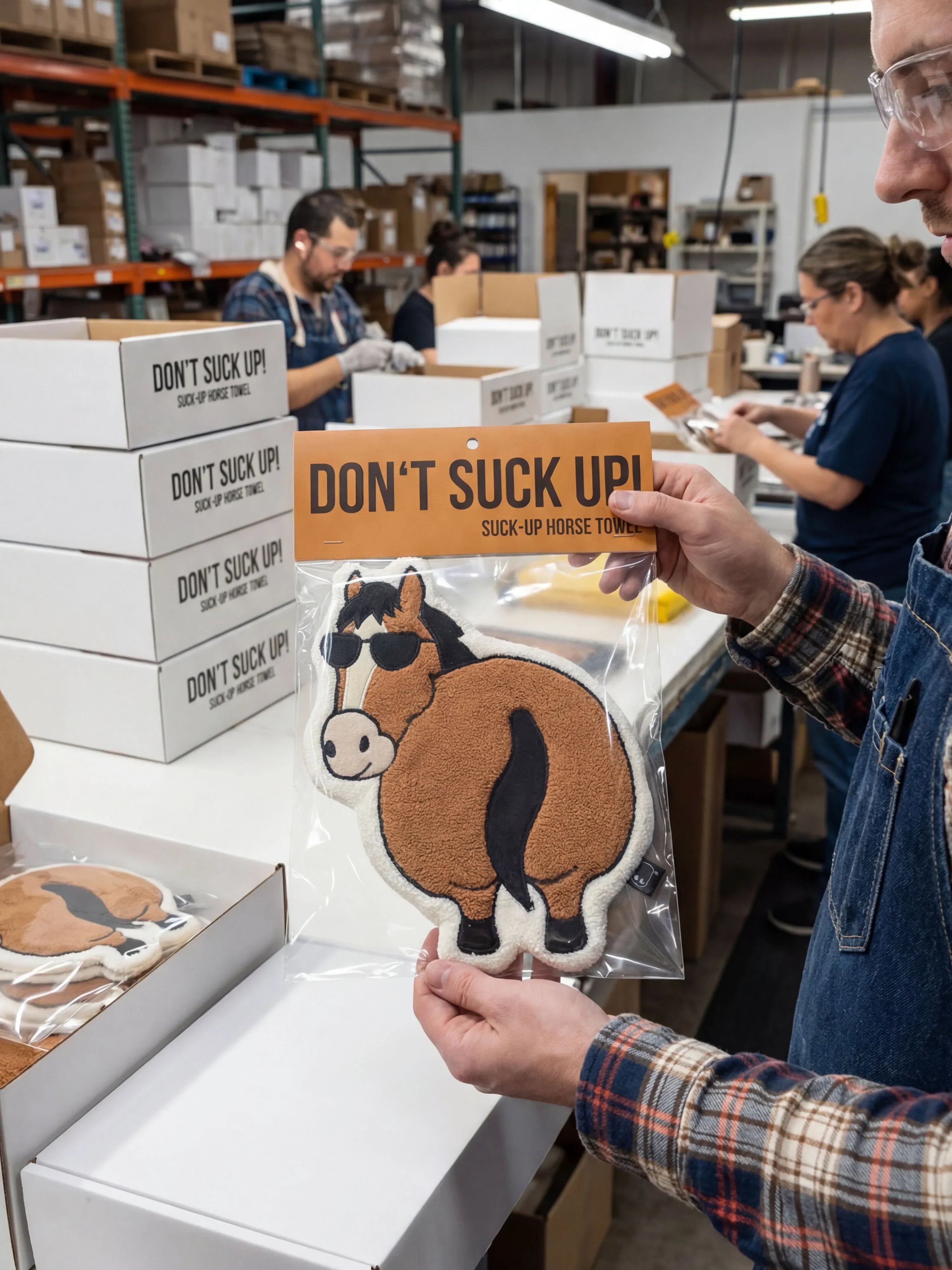 Year of the Horse Flattery cartoon towel being packaged in OFF SCRIPT warehouse with branded Don't Suck Up boxes and team fulfilling orders