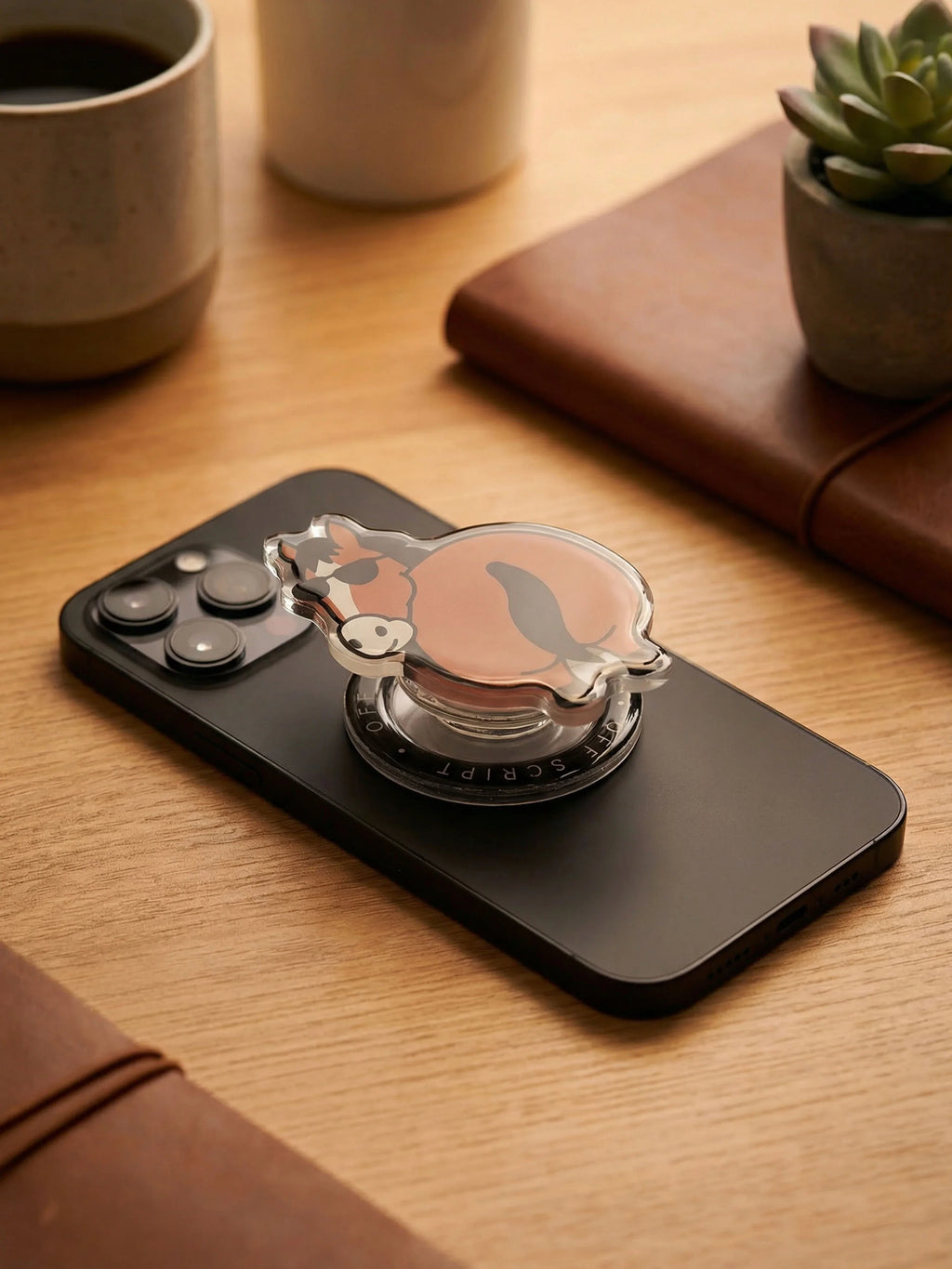 Pink Flattery Little Horse MagSafe grip attached to black iPhone on wooden desk with coffee mug, leather notebook, and succulent