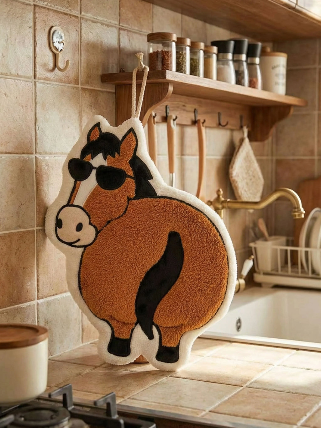 OFF SCRIPT Year of the Horse Flattery cartoon hand towel hanging in rustic kitchen with tile backsplash, spice shelf, and farmhouse sink