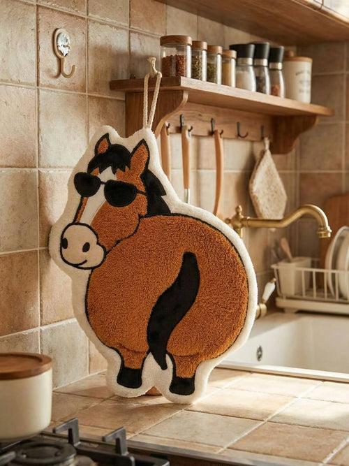 OFF SCRIPT Year of the Horse Flattery cartoon hand towel hanging in rustic kitchen with tile backsplash, spice shelf, and farmhouse sink