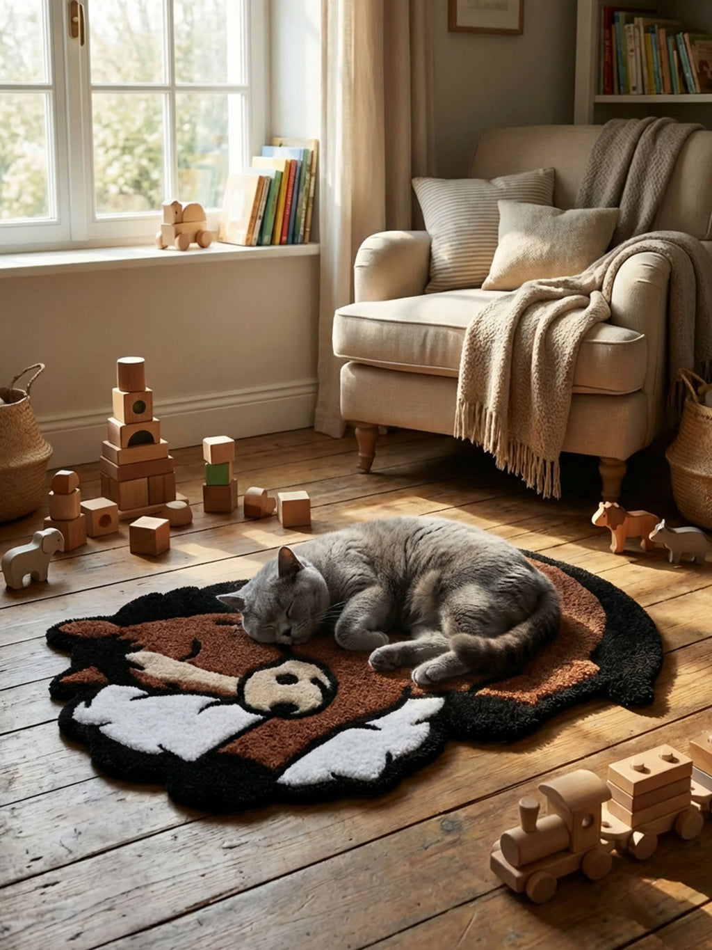 Gray cat napping on Sleep Right Neigh horse rug in sunny cottage playroom with linen chair, wooden toys, and bookshelf