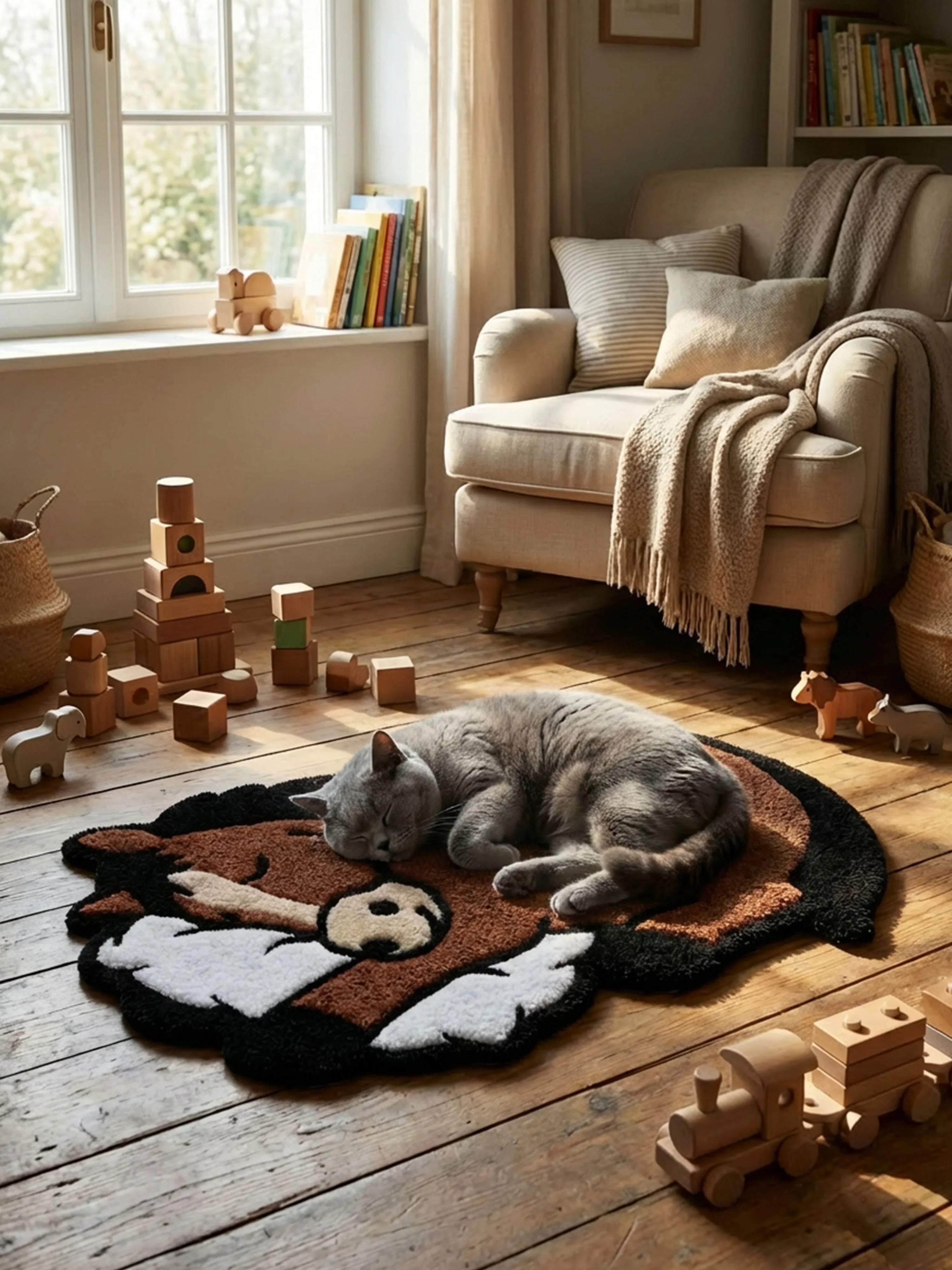 Gray cat napping on Sleep Right Neigh horse rug in sunny cottage playroom with linen chair, wooden toys, and bookshelf