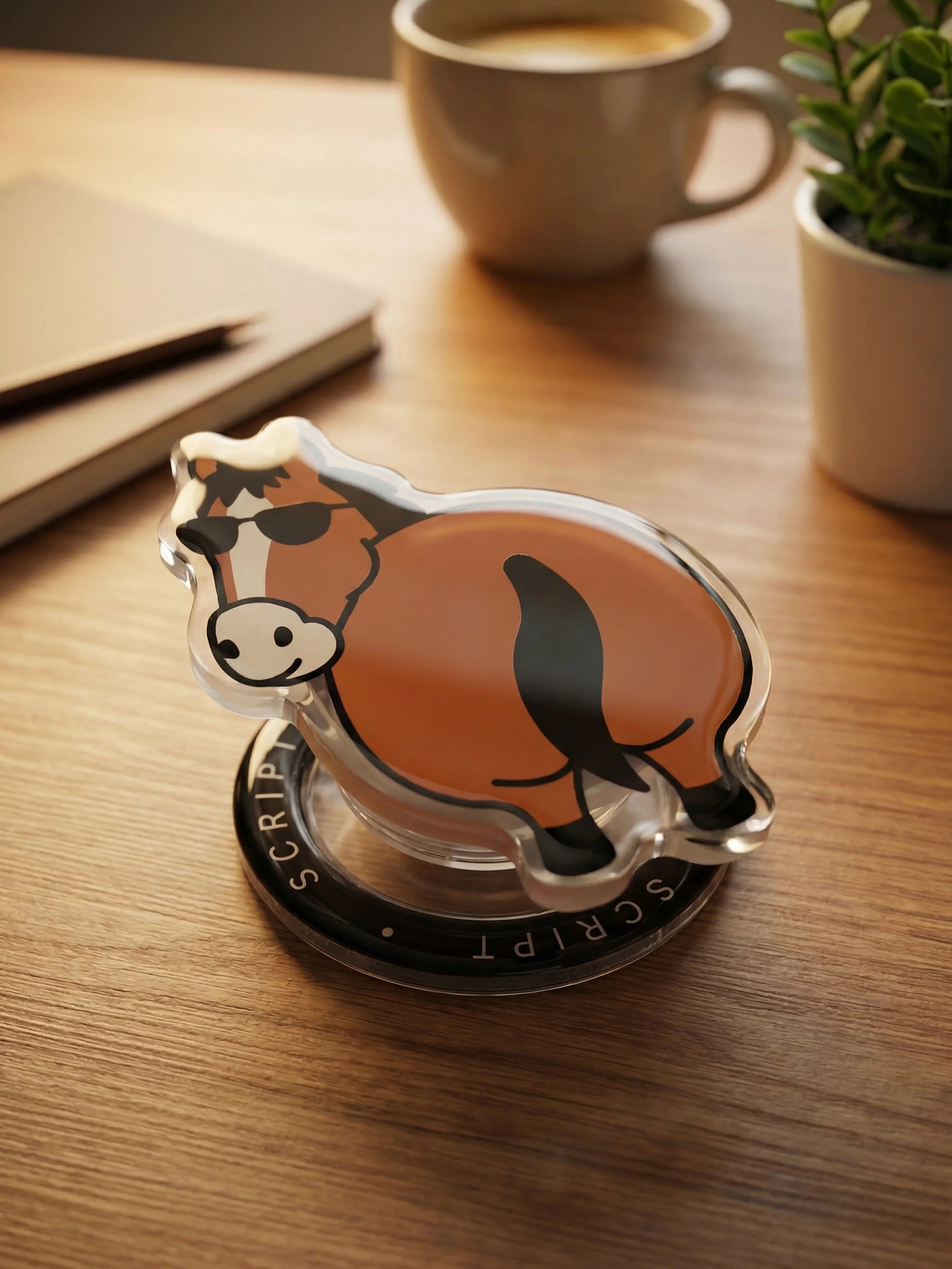 Flattery Little Horse MagSafe phone grip standing on wooden desk beside coffee cup, notebook, and potted plant