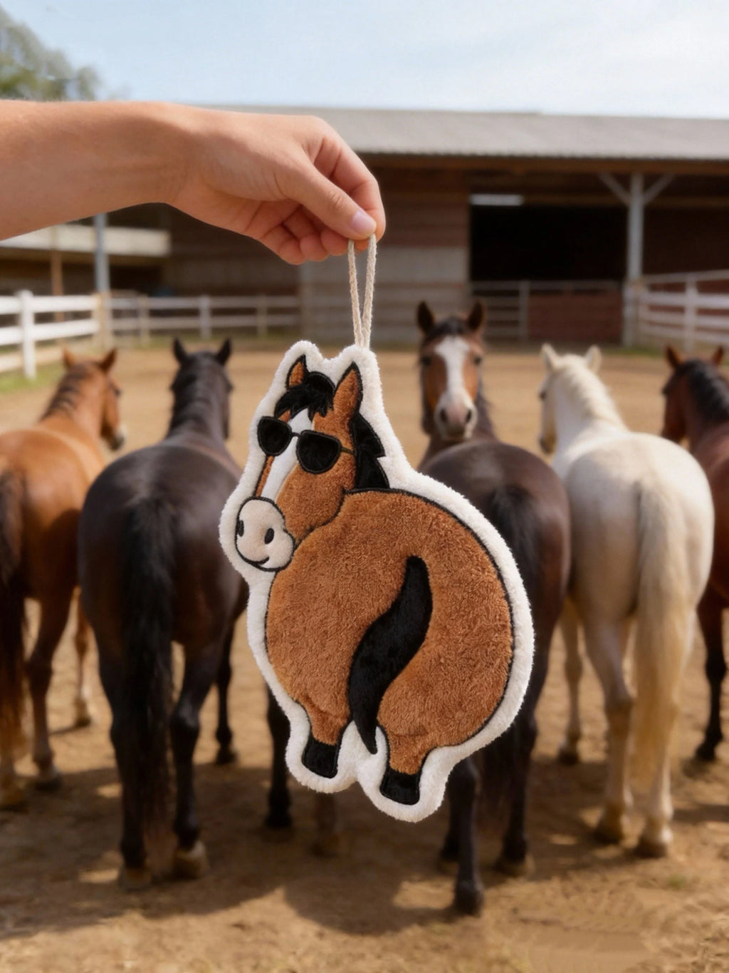 Hand holding Year of the Horse Flattery cartoon towel in front of real horses at outdoor stable corral