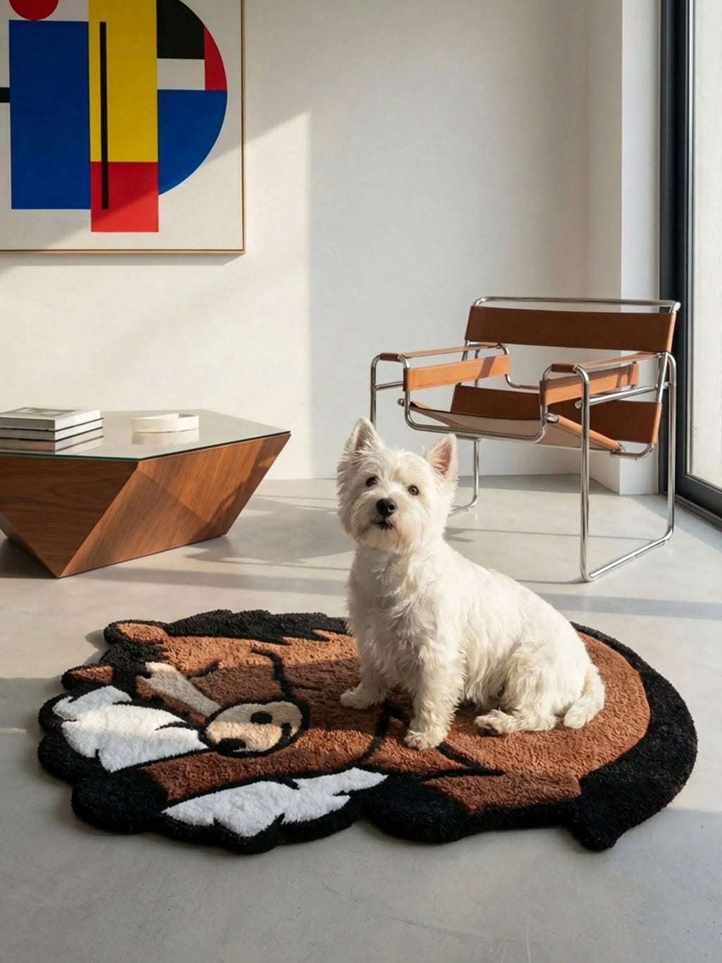 White terrier dog sitting on Sleep Right Neigh horse rug in modern living room with abstract wall art and leather chair