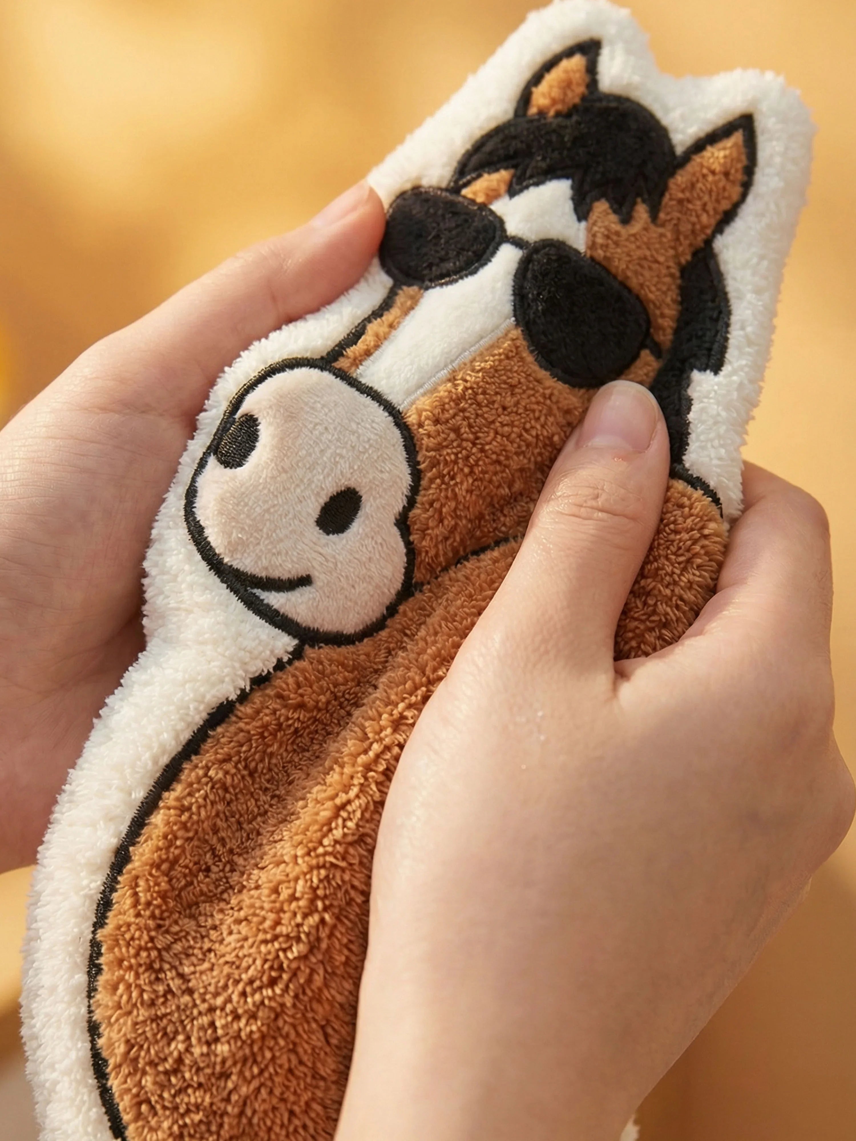 Hands squeezing plush Year of the Horse Flattery cartoon towel showing soft texture and embroidered sunglasses face detail