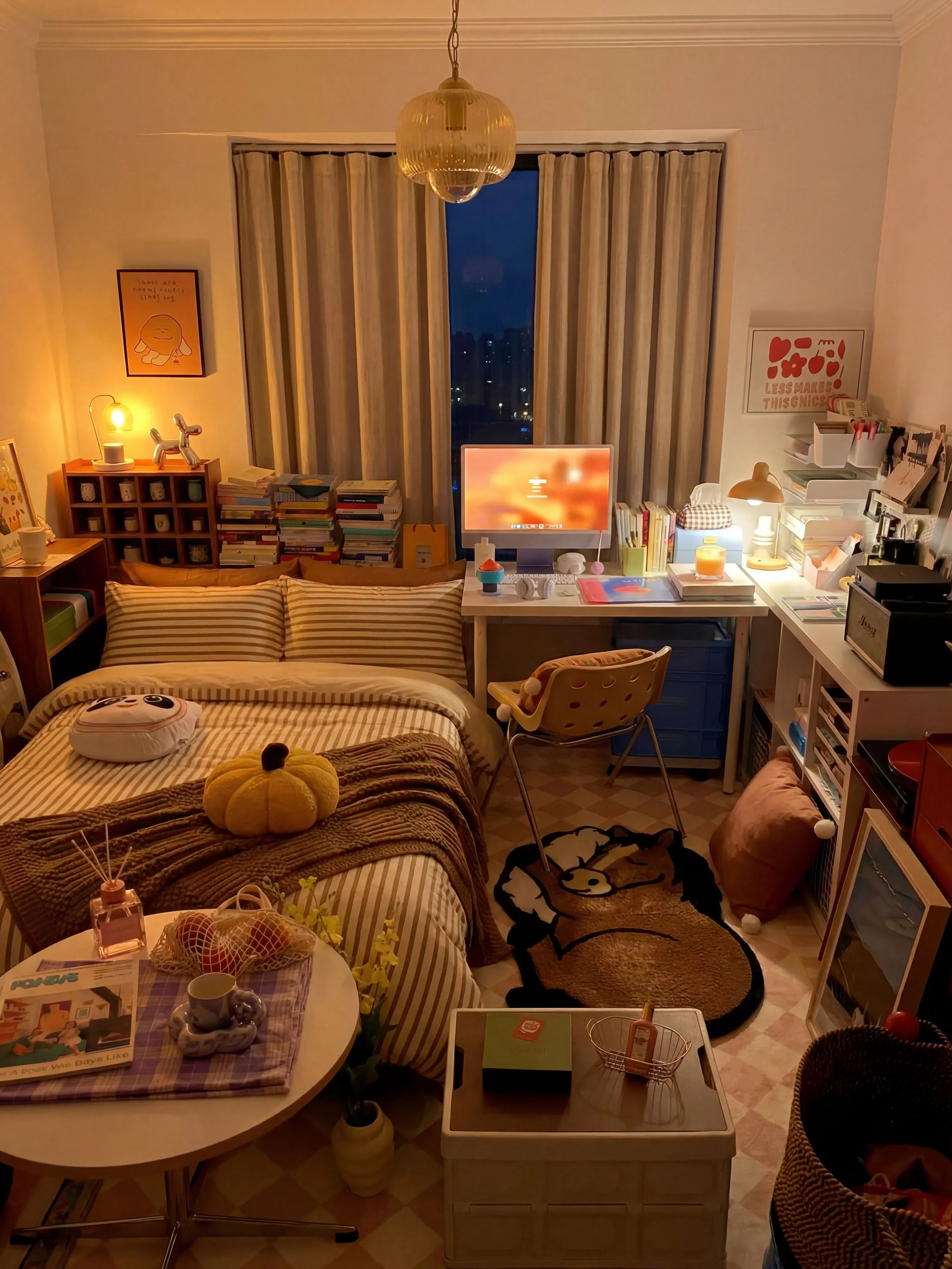Sleep Right Neigh horse rug in cozy lived-in bedroom-workspace with desk, monitor, books, and warm evening lamps