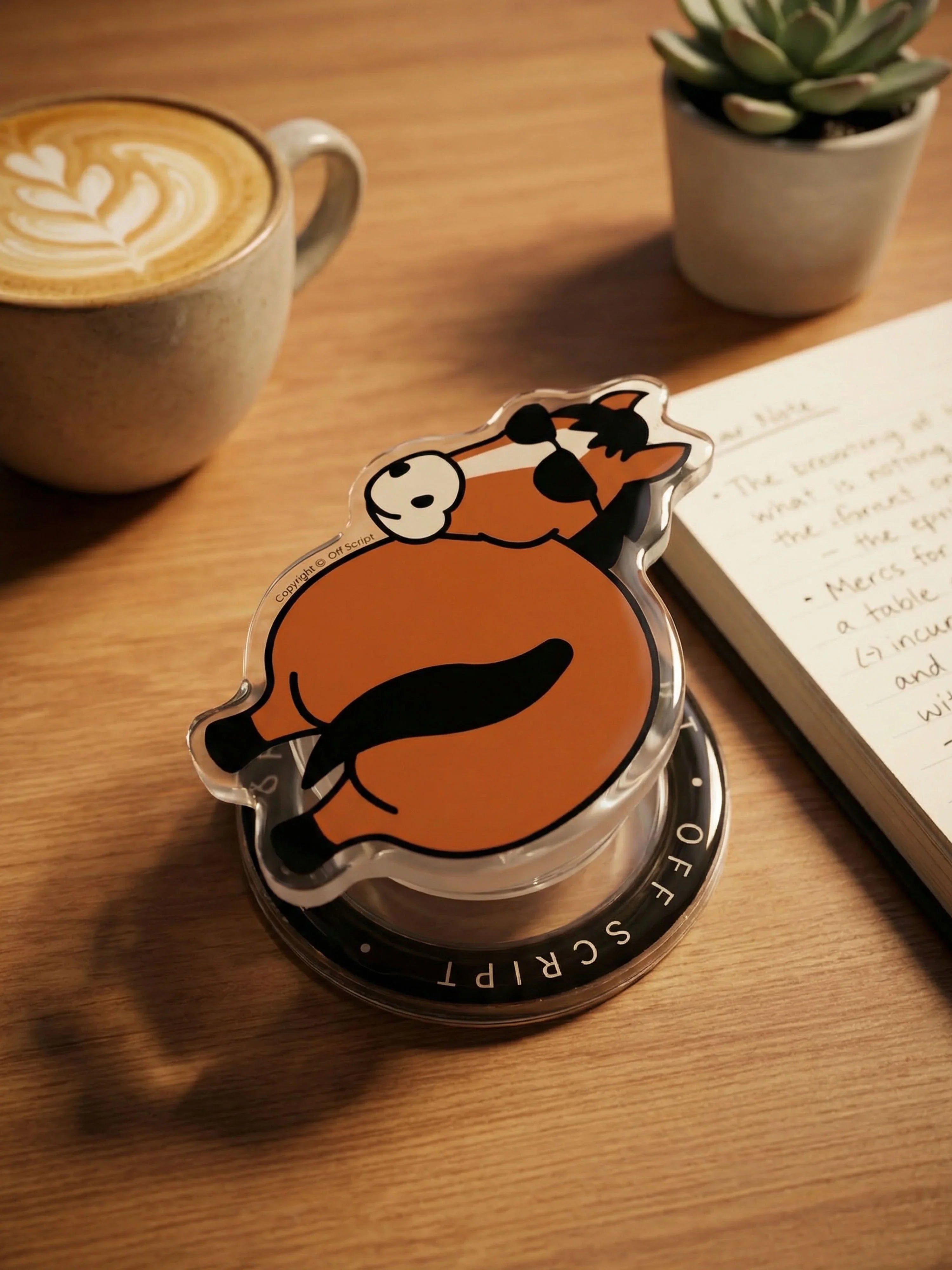 OFF SCRIPT Flattery Little Horse MagSafe grip lying on wooden desk beside latte art coffee and succulent plant