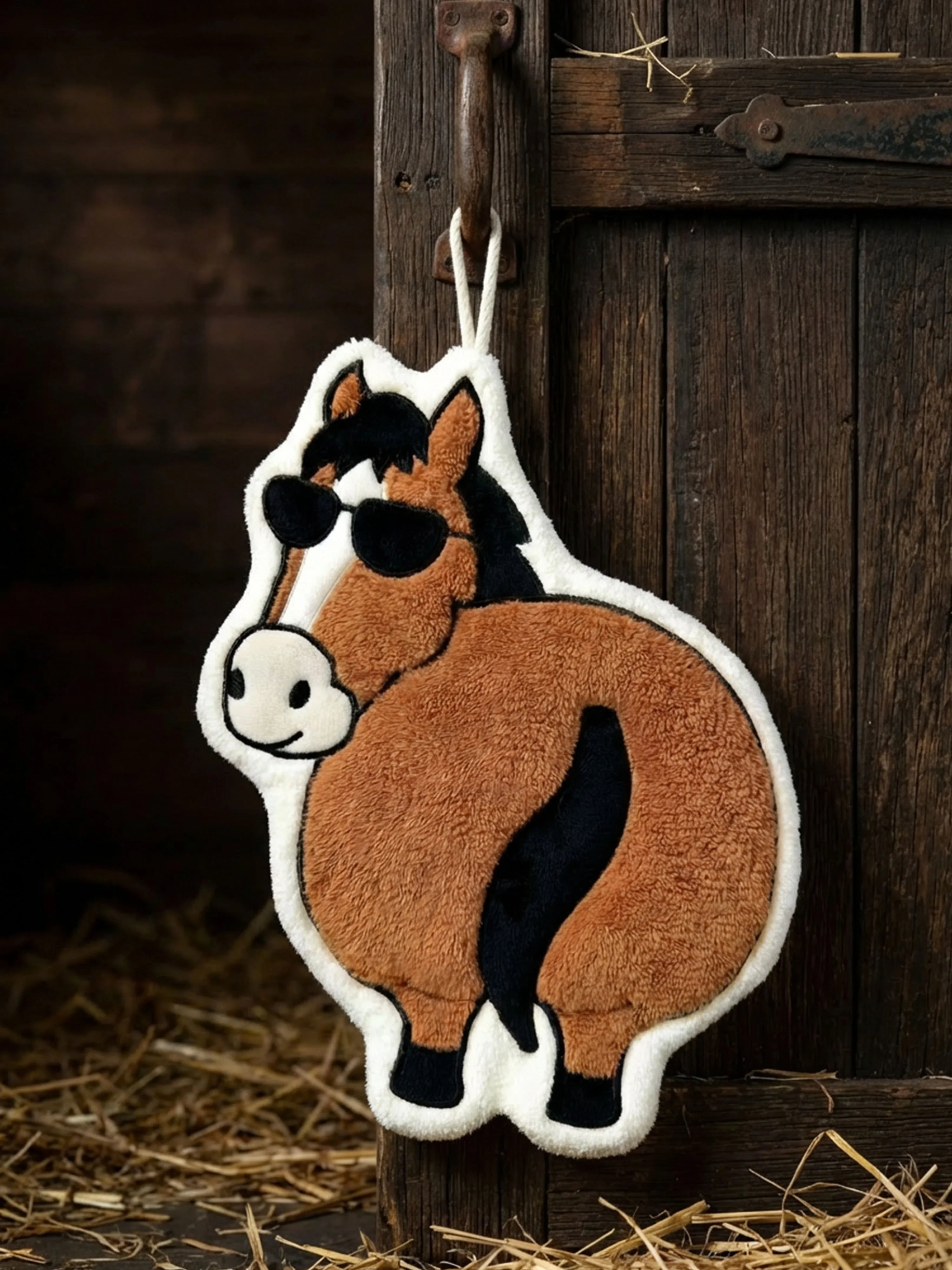 Year of the Horse Flattery cartoon hand towel hanging on rustic wooden barn door with straw on floor