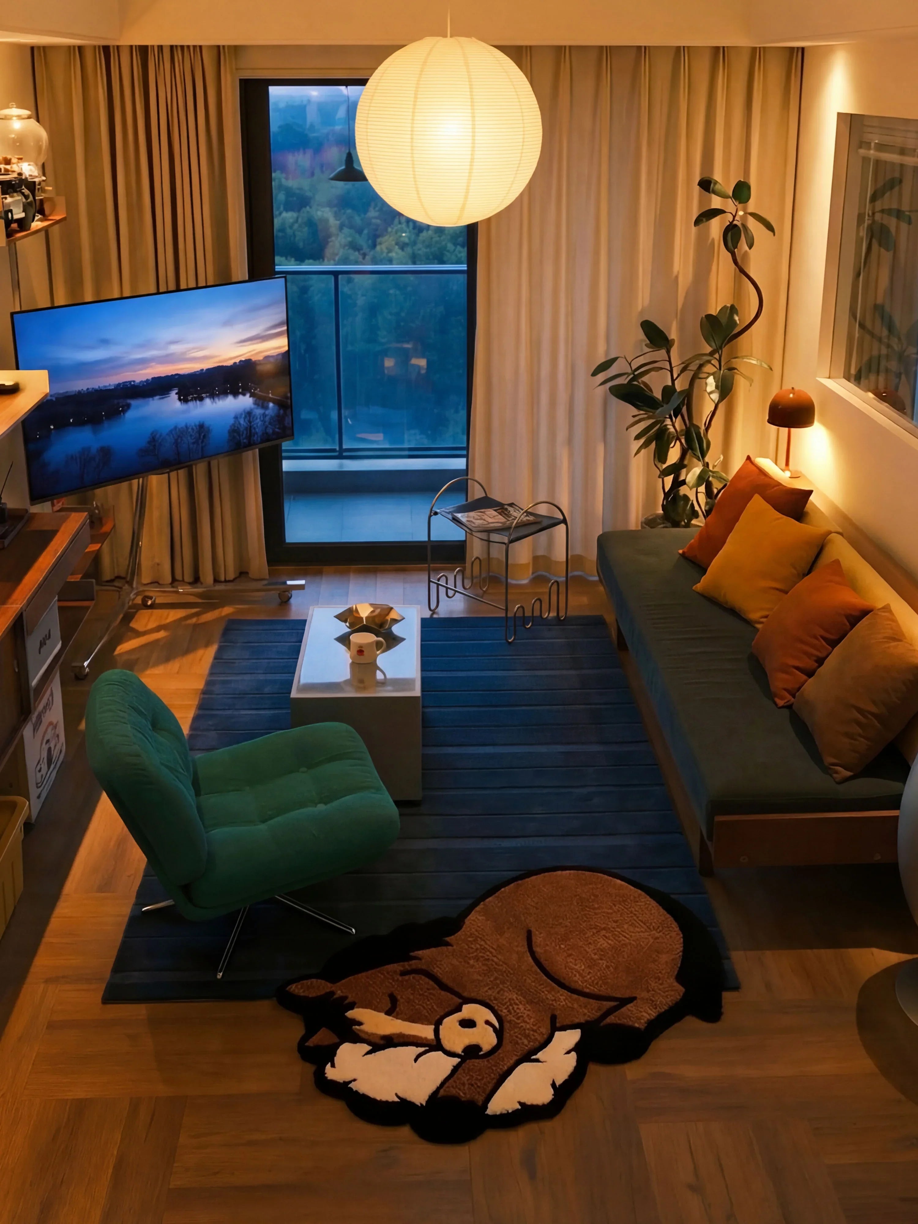 Sleep Right Neigh horse rug accent in evening modern living room with green velvet chair, sofa, pendant lamp, and TV
