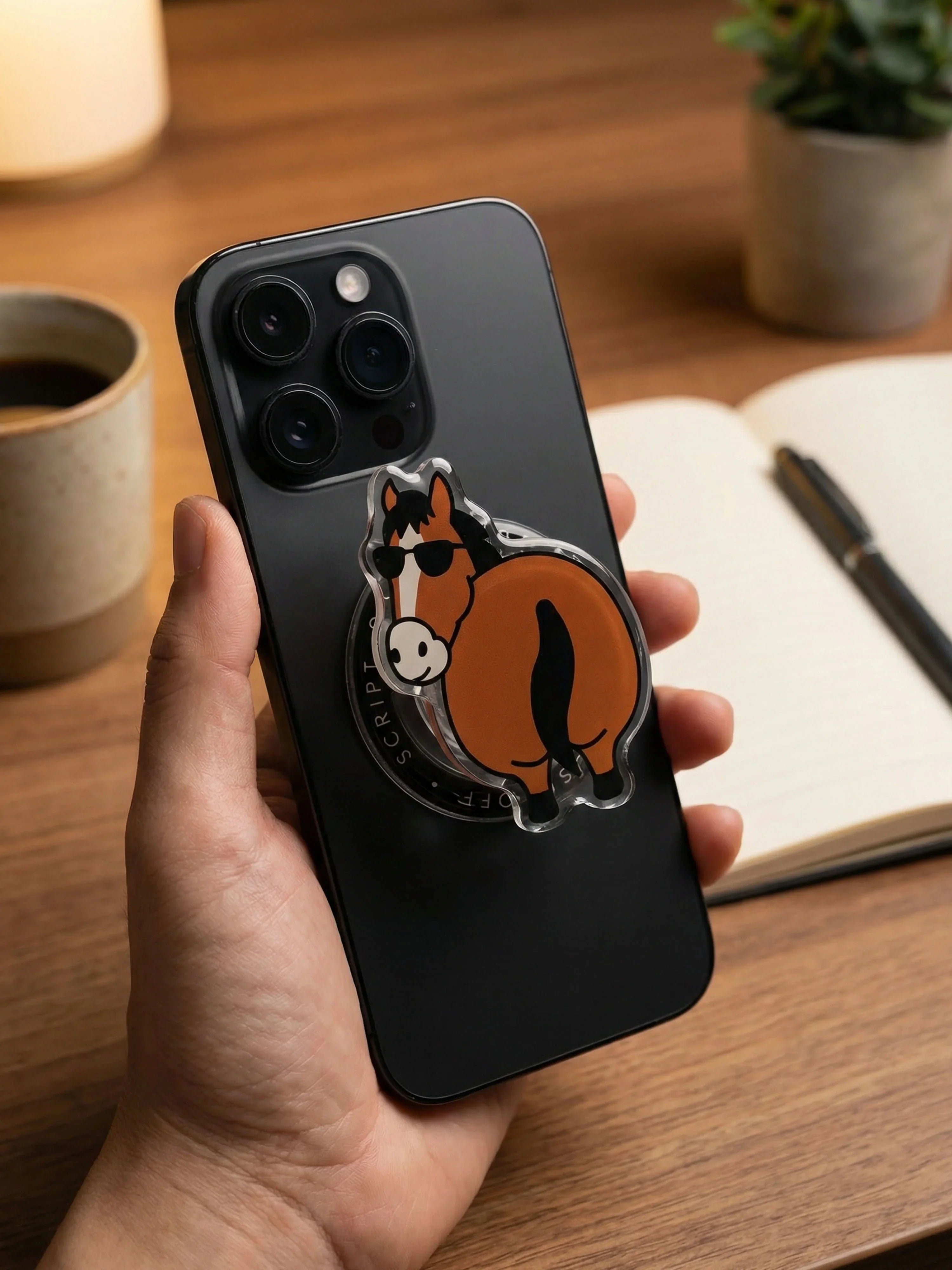 Hand holding black iPhone with OFF SCRIPT Flattery Little Horse MagSafe phone grip, cute cartoon pony design
