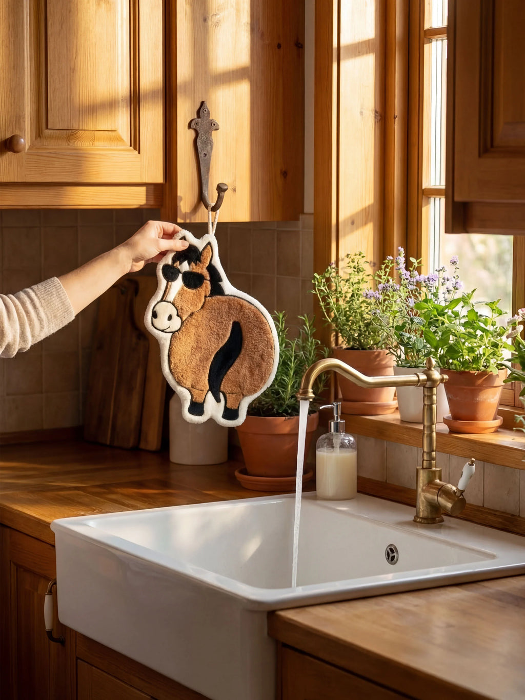 Hand hanging Year of the Horse Flattery cartoon towel in sunny farmhouse kitchen with brass faucet and potted herbs