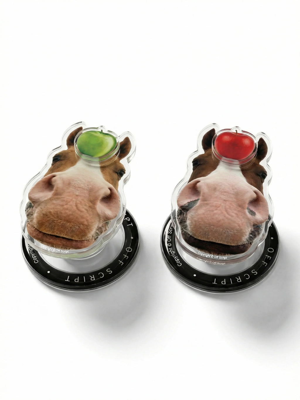 Two Apple-Horse MagSafe grip variants side by side, green apple and red apple, on white background